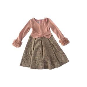 NEW Bonnie Jean Girls 5 Pink Sparkle Long Sleeve Tan Tweed Fur Trim Dress #5314